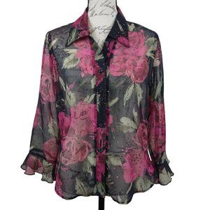 Gloria Lance | Vintage Black Floral Sheer Sparkle Blouse | Size L